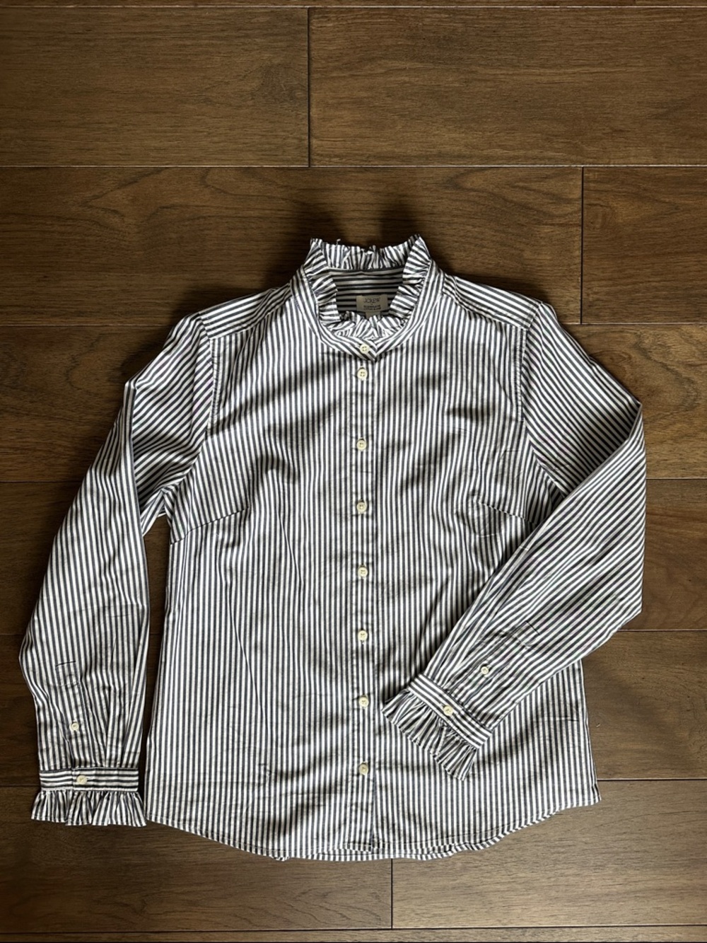 J.Crew Factory Ruffle Neck Button Down, Navy and White Striped